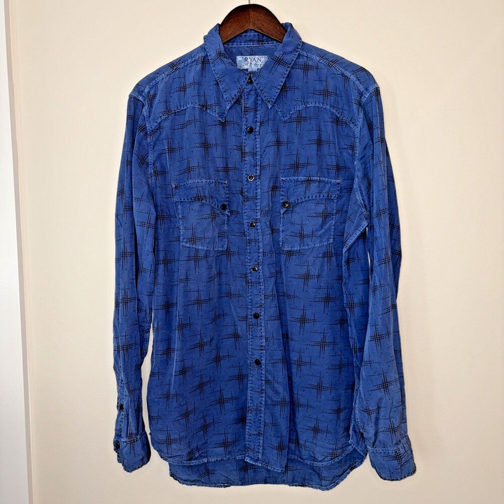Ryan Michael Shirt Mens L Snap Silk Stitch Rodeo Western Blue Black